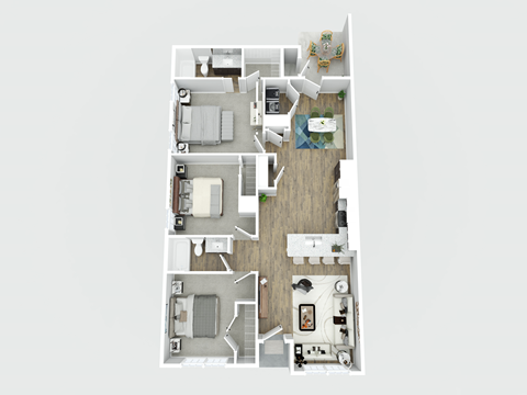 A floor plan of a house with three bedrooms, a living room, a kitchen, and a bathroom.